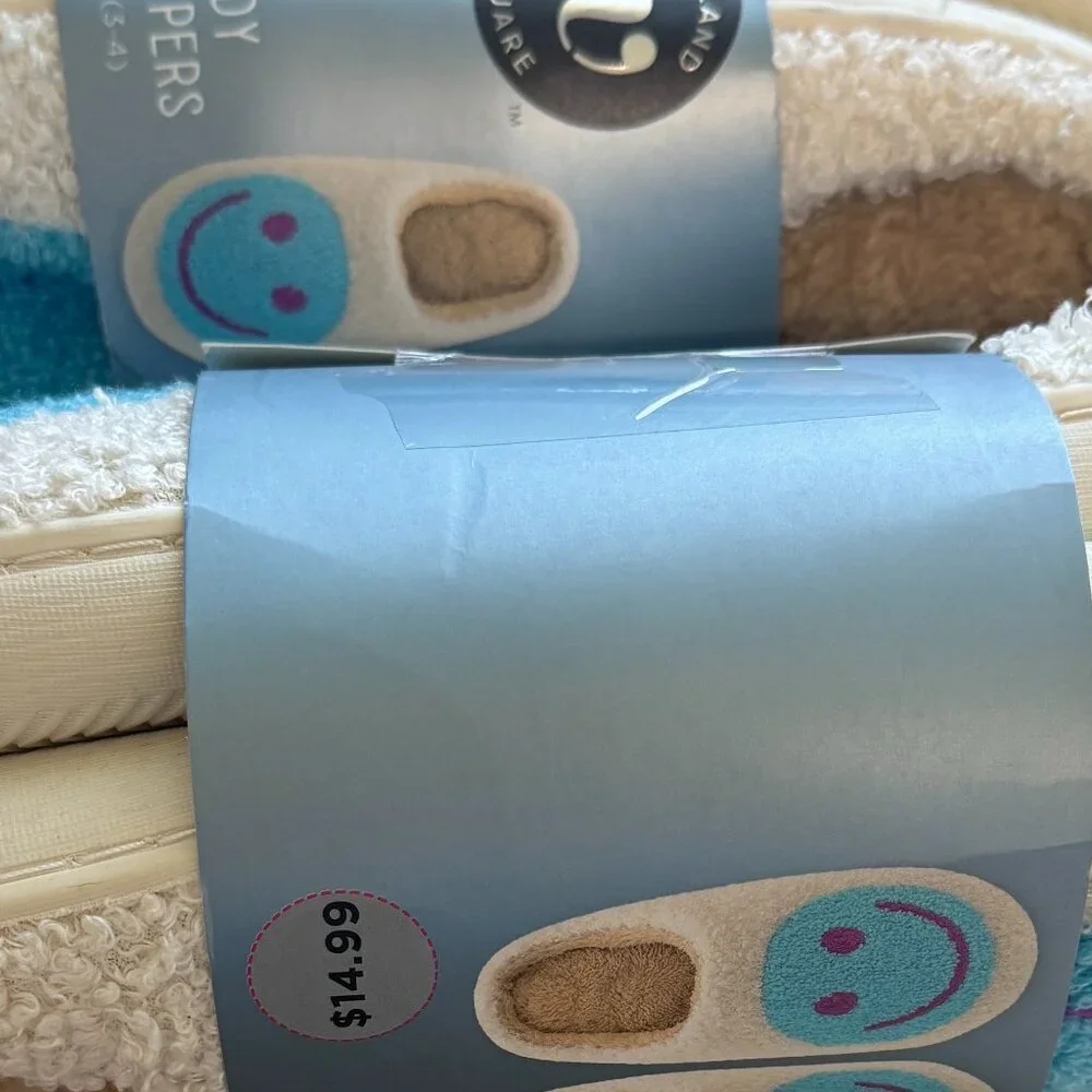 Bundle-Wayland Square Teddy Slippers Size XS & Small Beige Blue Happy Face